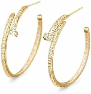 Gold Plated Pavé CZ Nail Hoop Earrings for Women – Sparkling Crystal Open Hoop Statement Jewel... | Amazon (US)