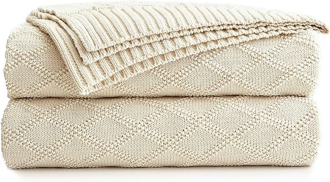 Large Cream Cotton Knit Throw Blanket for Couch Sofa Bed - Home Decorative Soft Cozy Sweater Wove... | Amazon (US)