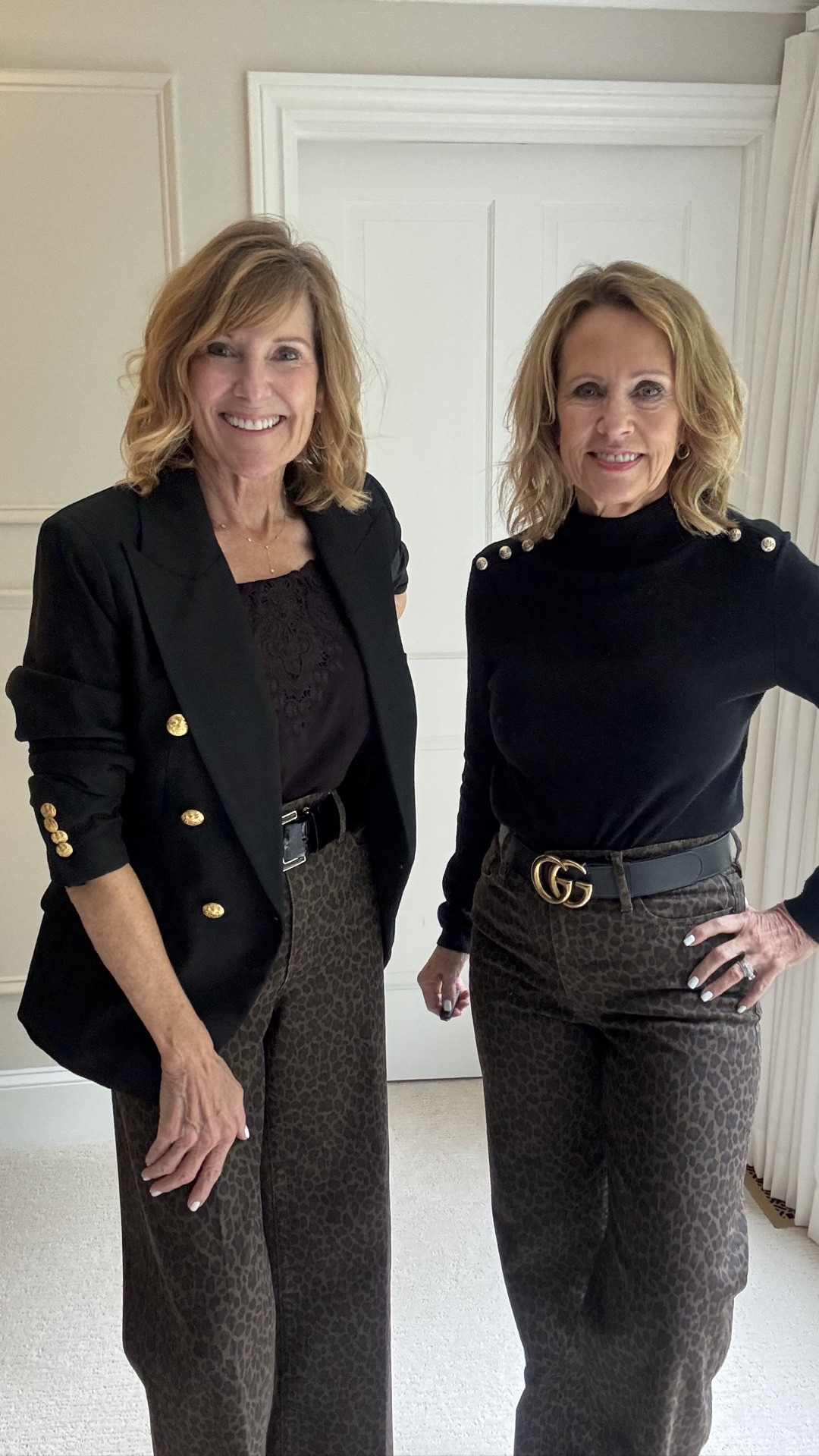 We are loving these Frame Leopard Print Jeans.  Val found them first then Bev had to get them too.   What a nice pair- an elevated look that can be dressed up or down.  Wonderful stretch, 31 inch inseam.  Bev is wearing a size 29- Val has on a 28.  We’ve linked below to a few sites.  
A great look
For the upcoming Holidays!

#LTKgrwm #LTKootd #LTKSaleAlert