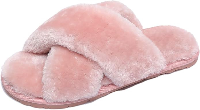Husmeu Women's Cross Band Fuzzy Slippers Open Toe Comfy Soft Plush Rubber Sole House Shoese Indoo... | Amazon (US)