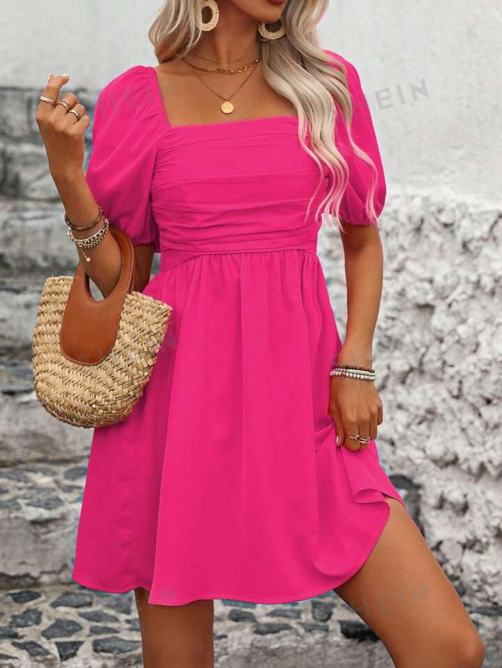 SHEIN VCAY Women's Summer Solid Color Square Neck Short Puff Sleeve Pleated Mini Elegant Dress | ... | SHEIN