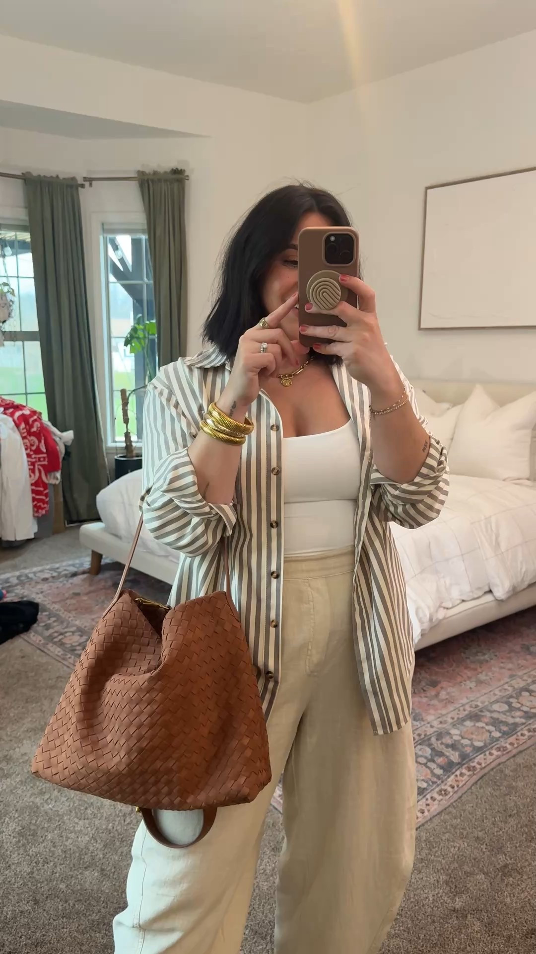 Casual spring or summer outfit that’s very chic. Bloat friendly and mom friendly. 

Tank is double lined and stretchy I have cakes on, size M. Shirt is L, SIZE UP. Pants M, run big size down. 

#LTKWatchNow 

#LTKSeasonal #LTKMidsize