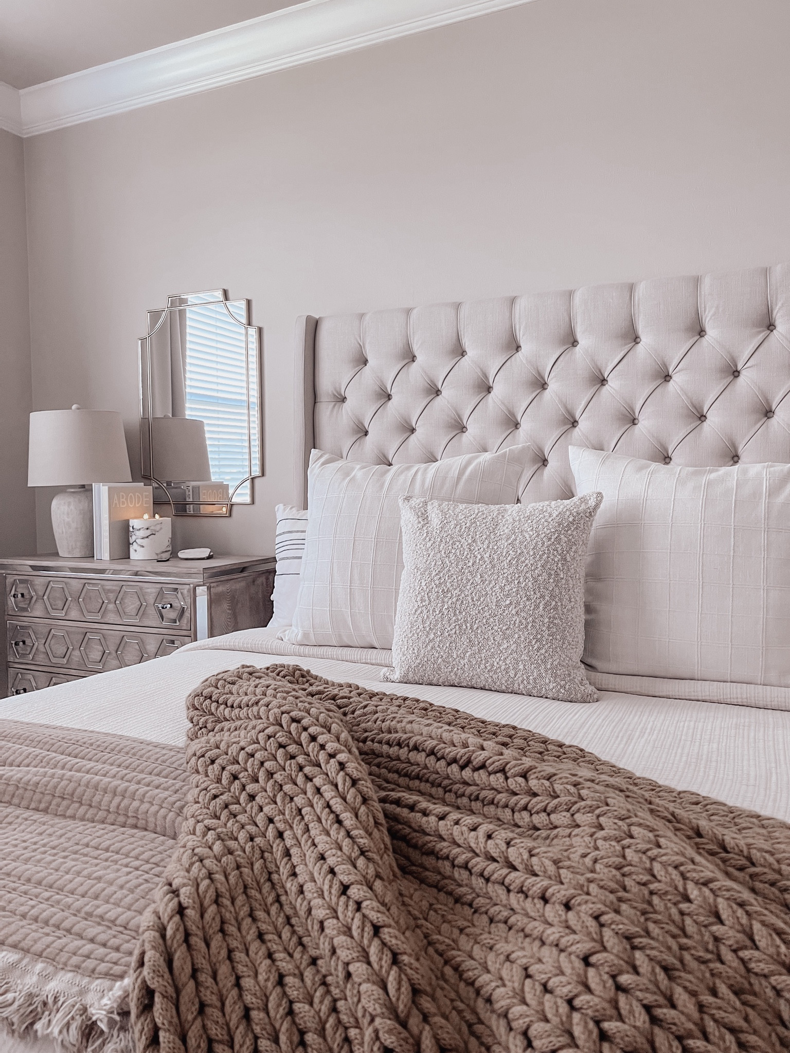 Bedroom decor, bedroom, home decor, neutral home, bed, throw blankets, throw pillows, neutral home, table lamp, marble bowl, candle, Target home, amazon home, Kirklands. 

#LTKhome