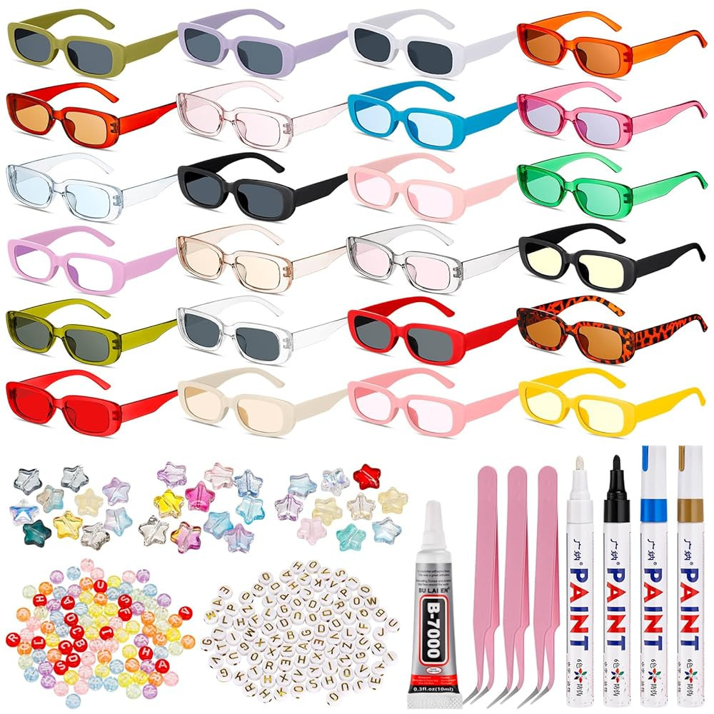 Ecally 24 Set DIY Rectangle Sunglasses Kit for Kids Women Vintage Trendy Sunglasses Pack with Let... | Amazon (US)