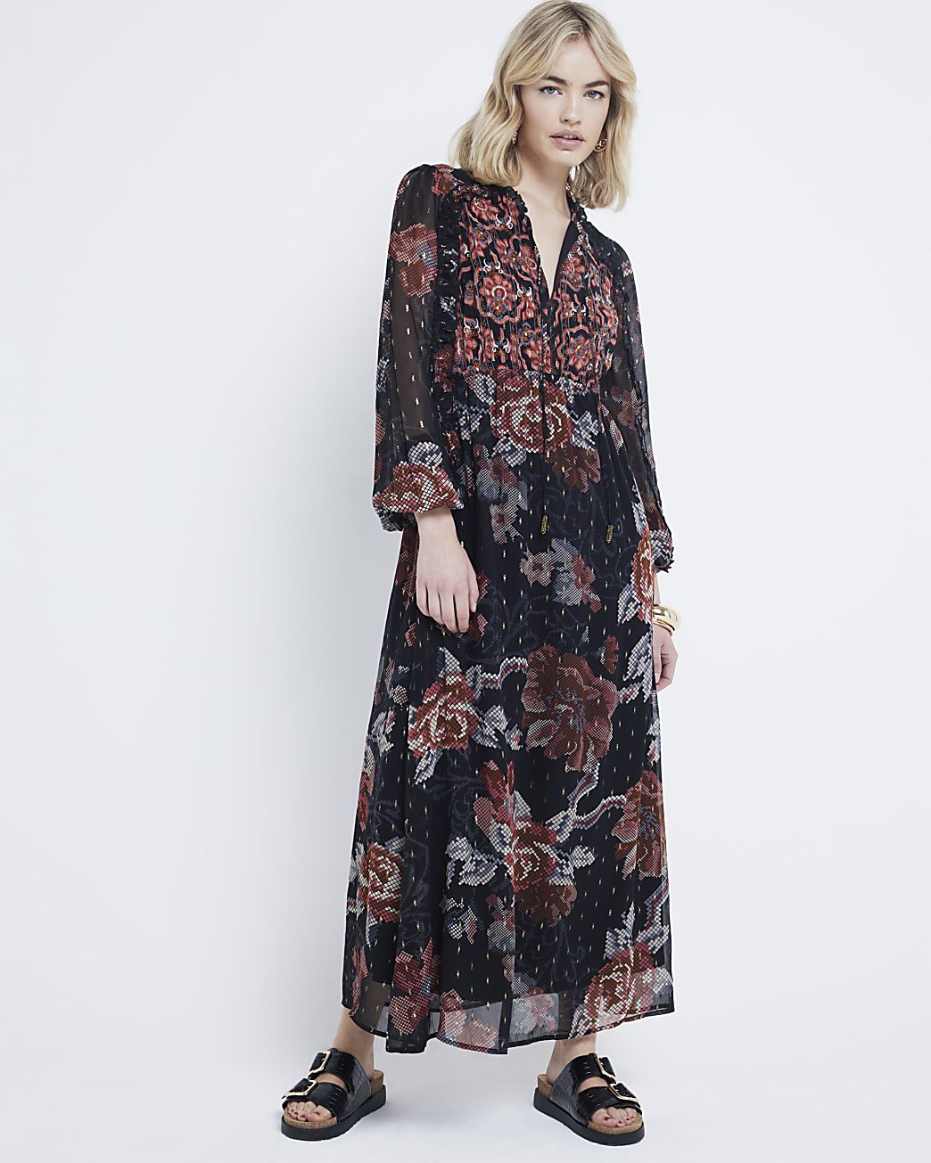 Black chiffon floral smock midi dress | River Island (UK & IE)