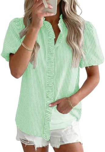 Astylish Women Striped Blouses Spring Summer Ruffle Collar Puff Sleeve Button Down Shirts Busines... | Amazon (US)