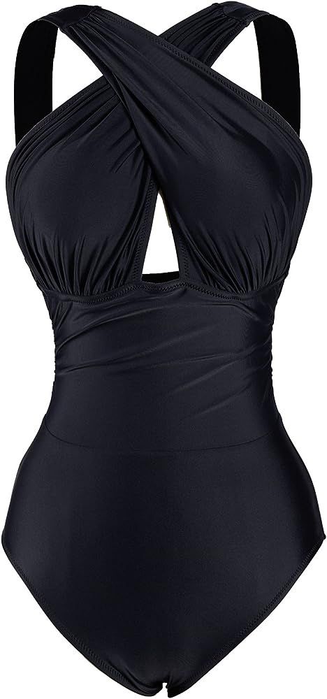 Women's Deep Feelings Cross One-Piece Swimsuit Solid Black Bathing Suit | Amazon (US)