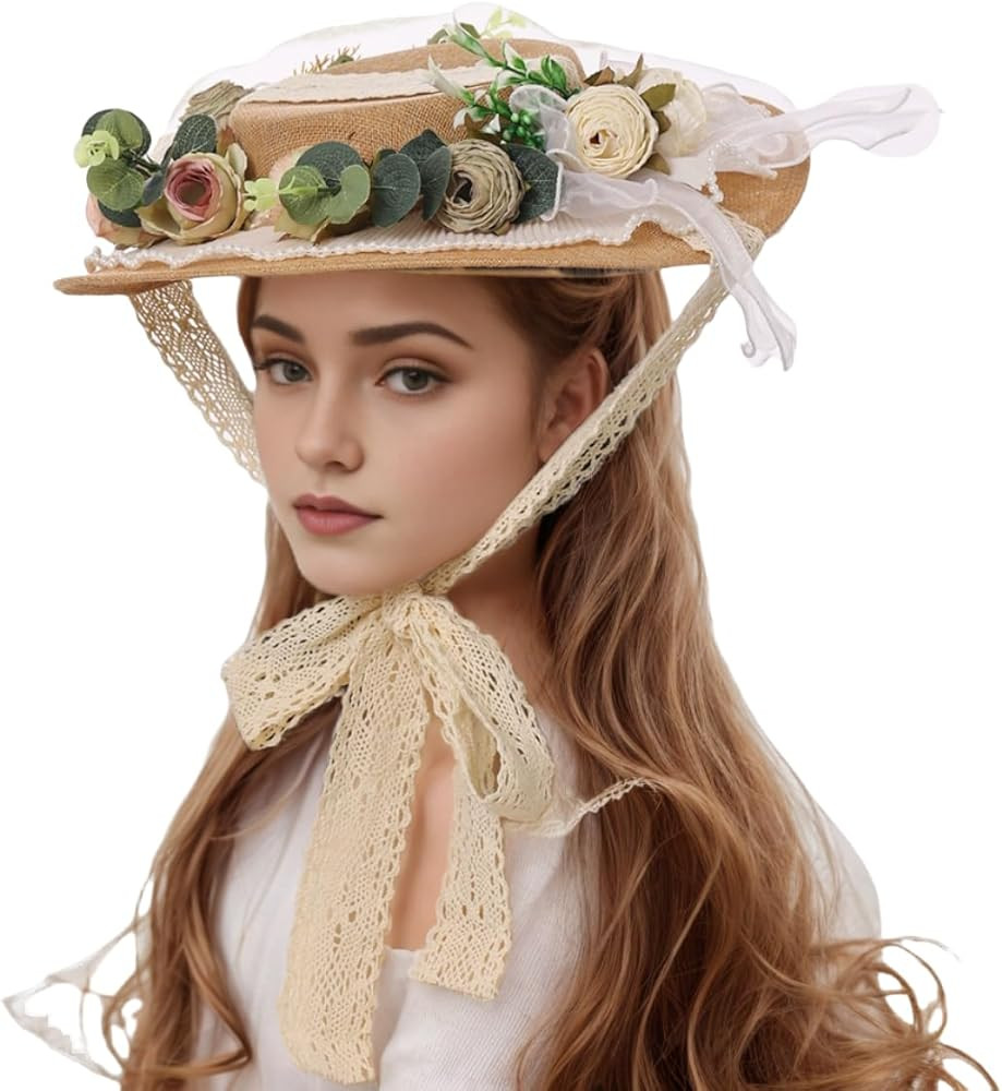 Victorian Womens Tea Party Sun Hat Lolita Bows Florals Flat Straw Hats Brown | Amazon (US)