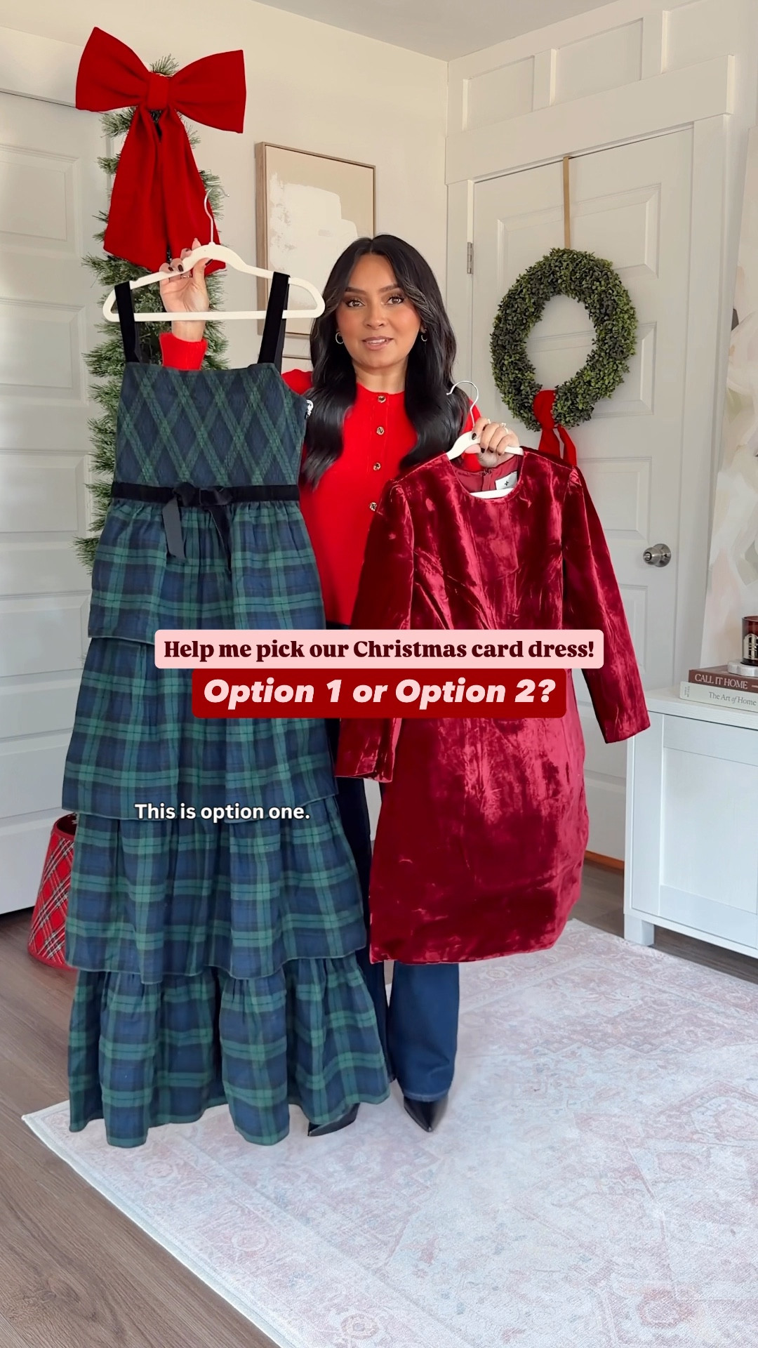 Help me pick which dress to wear for Christmas card photos!

Green tartan plaid tiered maxi dress sized xs regular TTS - use code ANTHRO30 for 30% off through 11/23
Gold heels size - old, similar linked

Red dress size 0 TTS - use code VIPACCESS for 25% off - codes ends 11/23! this code may only be eligible for specific emails!
Black tights size small TTS
Black platform heels size 5 TTS

Black faux fur jacket size xxs regular TTS

Red cardigan size xs TTS 
Jeans size 26 short TTS
Black boots size 5.5 TTS 

#LTKPetite #LTKCyberWeek #LTKHoliday