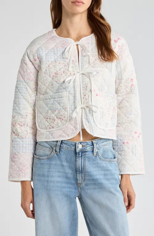 All in Favor Tie Front Quilted Jacket in Blush Blue Patchwork at Nordstrom, Size X-Small | Nordstrom