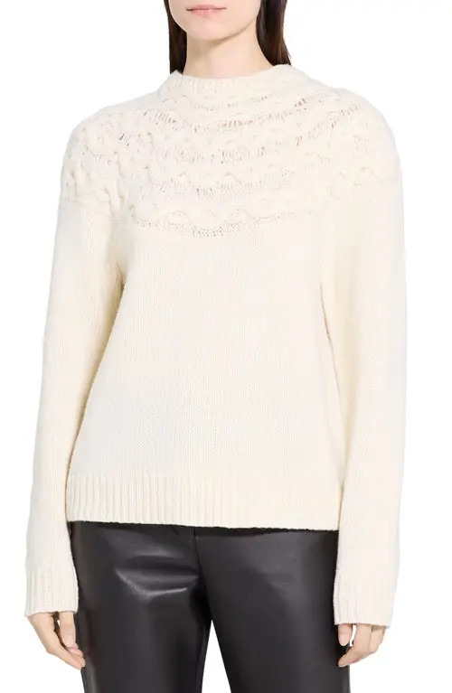 Theory Cable Stitch Yoke Wool & Cashmere Sweater in Ivory at Nordstrom, Size Small | Nordstrom