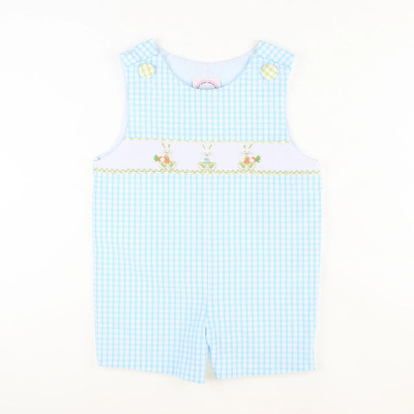Smocked Easter Bunny Shortall - Sky Check Seersucker | Southern Smocked Co.