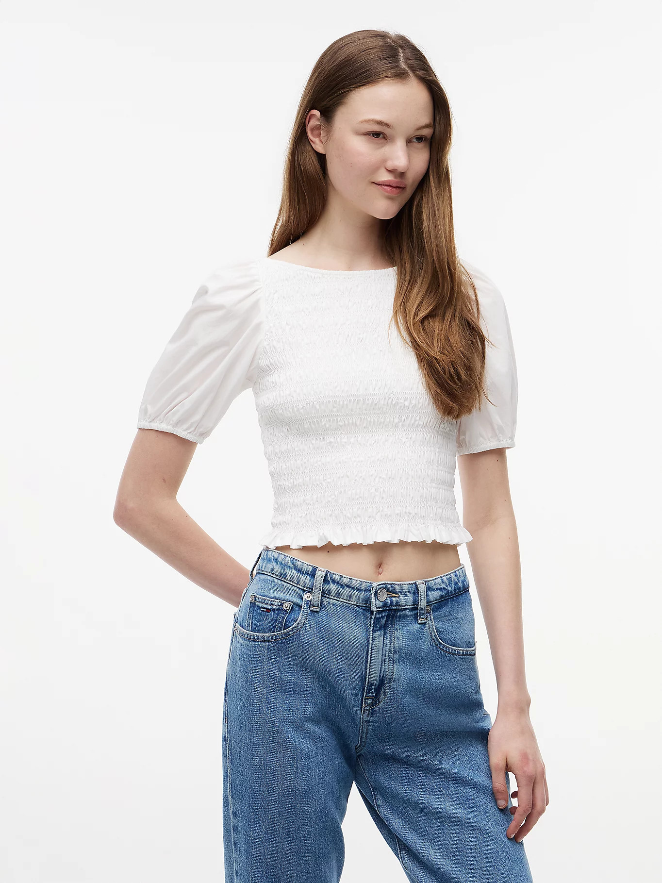Smock Poplin Slim Short Sleeve Blouse | White | Tommy Hilfiger | Tommy Hilfiger UK