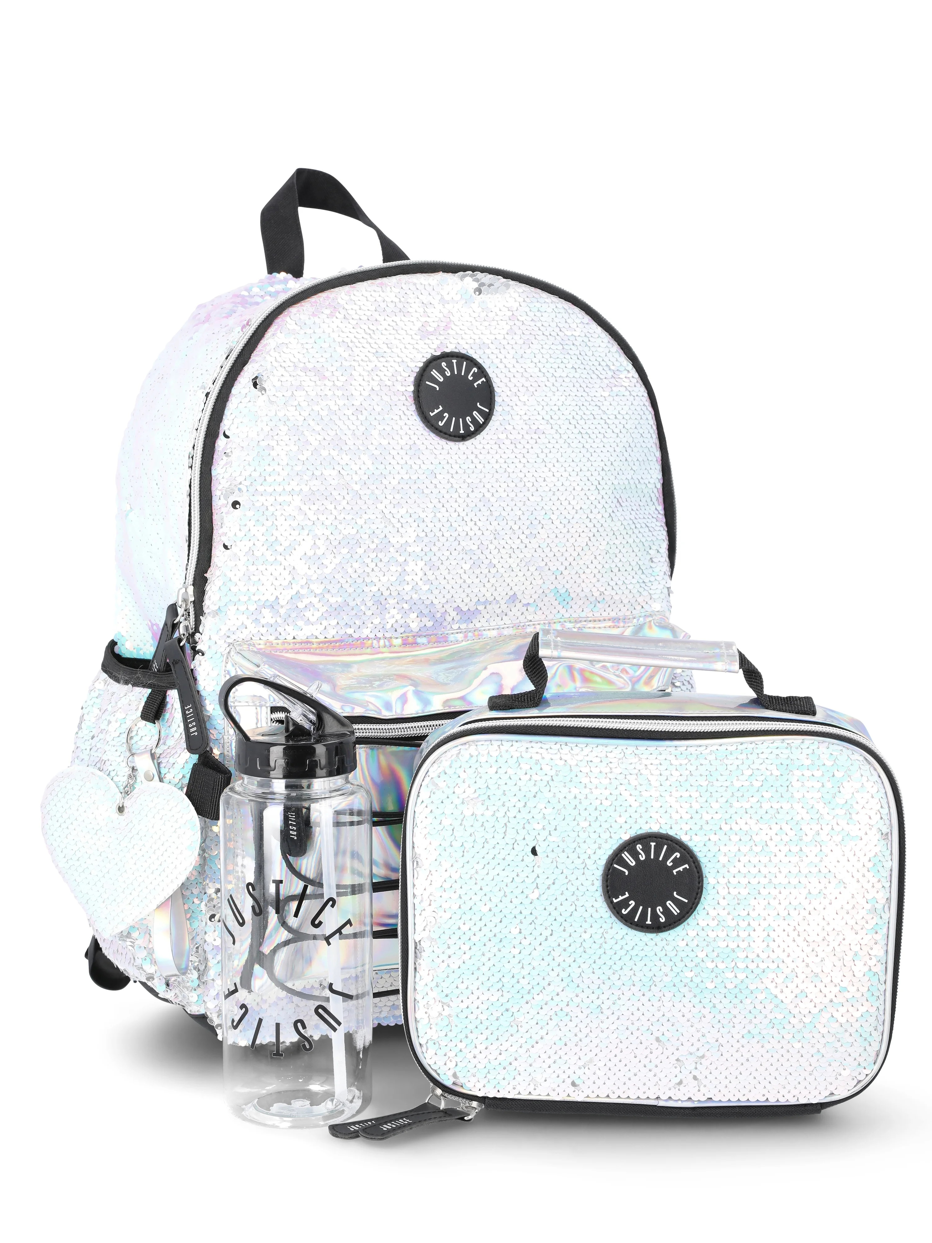 Justice Girls 17" Iridescent Sequined Backpack, Lunch Bag, Water Bottle, and Charm Set, 4-Piece, ... | Walmart (US)