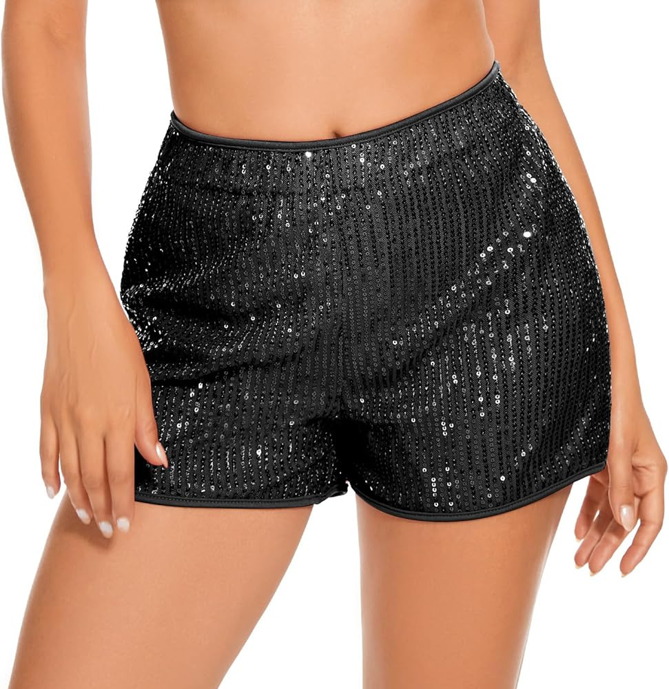 Women Sparkly Sequin Shorts Glitter Elastic High Waisted Sparkle Straight Legs Shorts for Parties | Amazon (US)