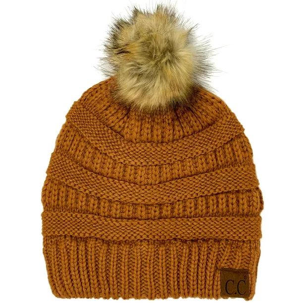 CC Fur Pom Winter Fall Trendy Chunky Stretchy Cable Knit Beanie Hat (Solid Toast Almond) - Walmar... | Walmart (US)