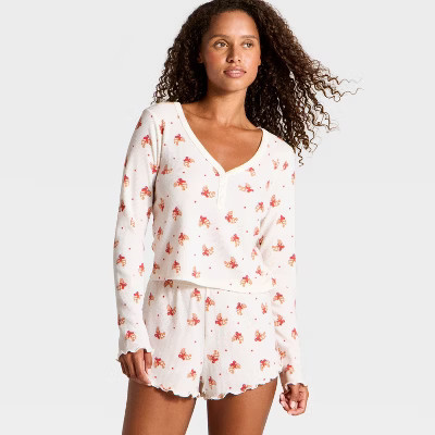 Women's Waffle Long Sleeve Top and Shorts Pajama Set - Wild Fable™ Cream Croissant XS | Target