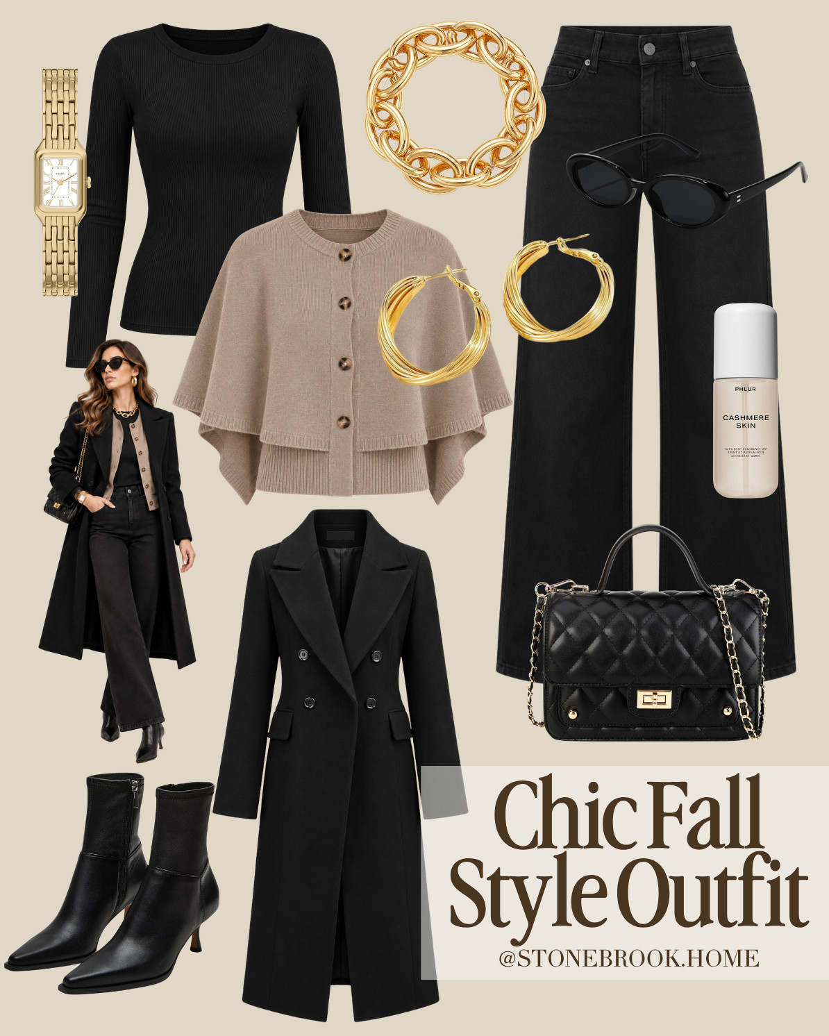 Amazon Fall Fashion, Amazon Fall Outfit, Amazon Fashion Finds, Taupe Fall Outfit, Black and Taupe Outfit, Neutral Fall Outfit, Classy Fall Outfit, Chic Fall Outfit Women, Modest Fall Outfit, Fall Work Outfit Women, Work to Weekend Outfit, Cape Cardigan Women, Cape Sweater Women, Taupe Cardigan Women, Poncho Sweater Women, Black Wide Leg Jeans, Black Jeans Outfit Women, Black Ankle Boots Women, Pointed Toe Boots Women, Black Quilted Handbag, Black Structured Handbag, Gold Jewelry Women, Chunky Gold Hoops, Gold Watch Women, Black Headband Women, Black Sunglasses Women, Black Wool Coat Women, Neutral Capsule Wardrobe, Fall Capsule Wardrobe, Elevated Basics Women, Classic Fall Style, Minimalist Fall Outfit, Amazon Fall Clothes Women

#LTKgrwm #LTKootd #LTKSeasonal
