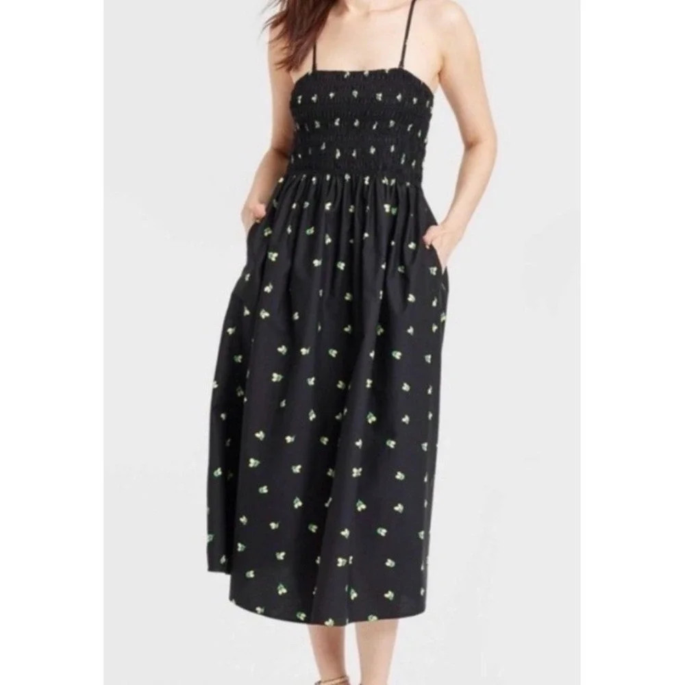A New Day Women's XXL Smocked Midi Black Dress Yellow Lemon Print Dark Cottage | Poshmark