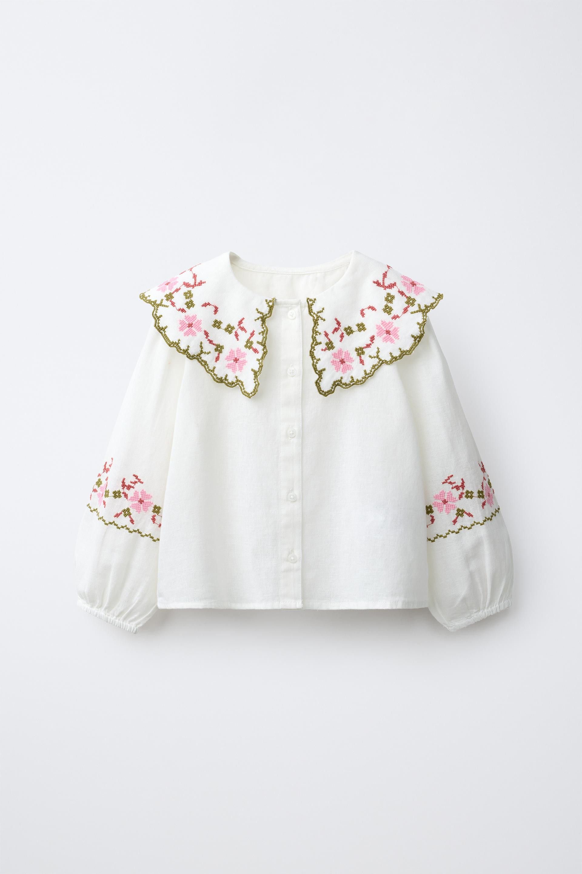 Zara - Cotton-Linen Cross-Stitch Embroidered Shirt - Ecru - 1½ Years (33,9 Inches) - Kids | Zara US