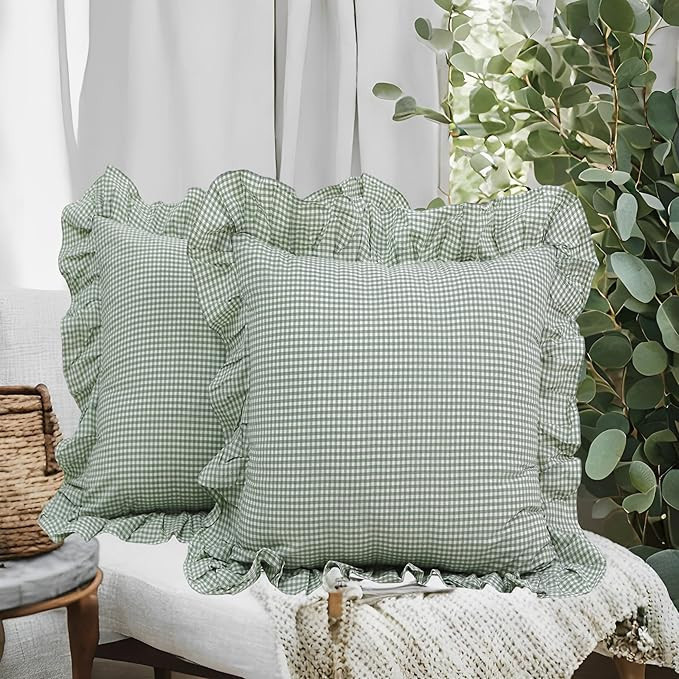 Lemfux Green Ruffle Plaid Euro Pillow Shams, Set of 2, Cotton Gingham Pillowcases Shabby Chic Pil... | Amazon (US)