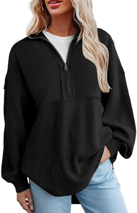 SHEWIN Womens Sweatshirt Casual Waffle Knit Half Zip Pullover Loose Long Sleeve Tops Fall Outfit ... | Amazon (US)