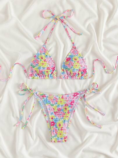 Random Floral Print Smocked Halter Tie Side Bikini Swimsuit | SHEIN