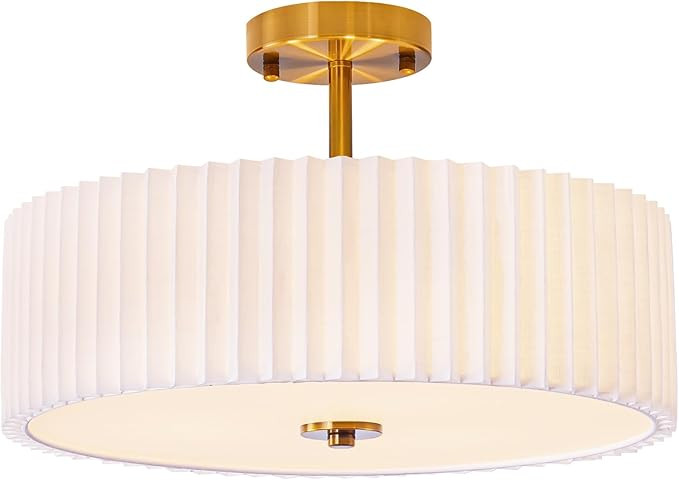 Bargeni 16.5 Inch Semi Flush Mount Ceiling Light Fixture,Gold Finish with Pleated Fabric Shade,3-... | Amazon (US)
