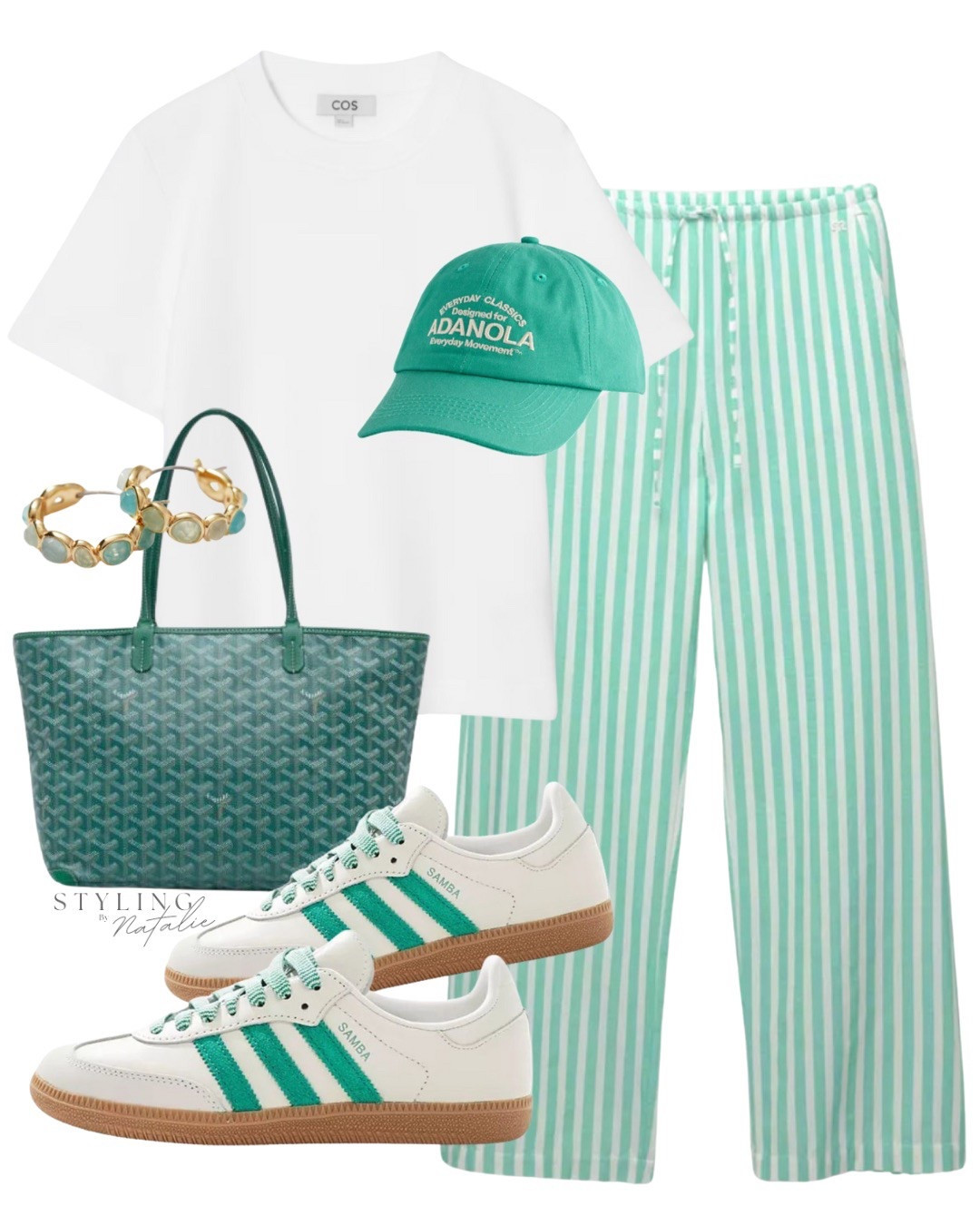 Comfy casual summer outfit with pull-on trousers.
White t-shirt, green stripe joggers, Adidas Samba trainers, Adanola cap & Goyard tote bag. Casual outfit, High street fashion.

#LTKmidsize #LTKsummer #LTKspring