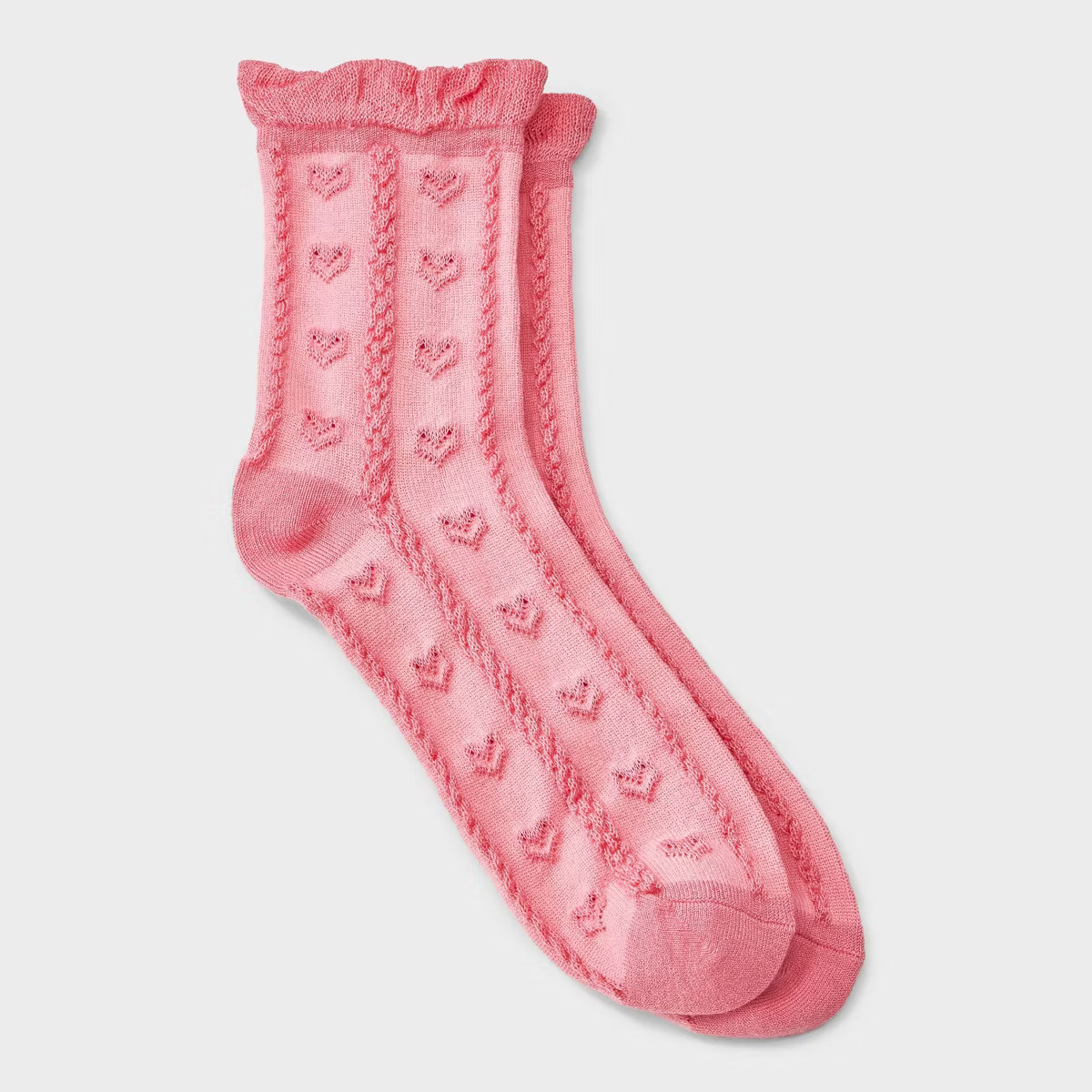 Women's Soft Ruffle Cuff Textured Hearts Valentine's Day Mid Crew Socks - Auden™ Pink 4-10 | Target