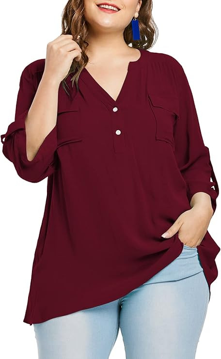 Corfrute Women Plus Size Tops V Neck Button Up Tunic Tops Casual Long Roll Tab Sleeves Blouses Sh... | Amazon (US)