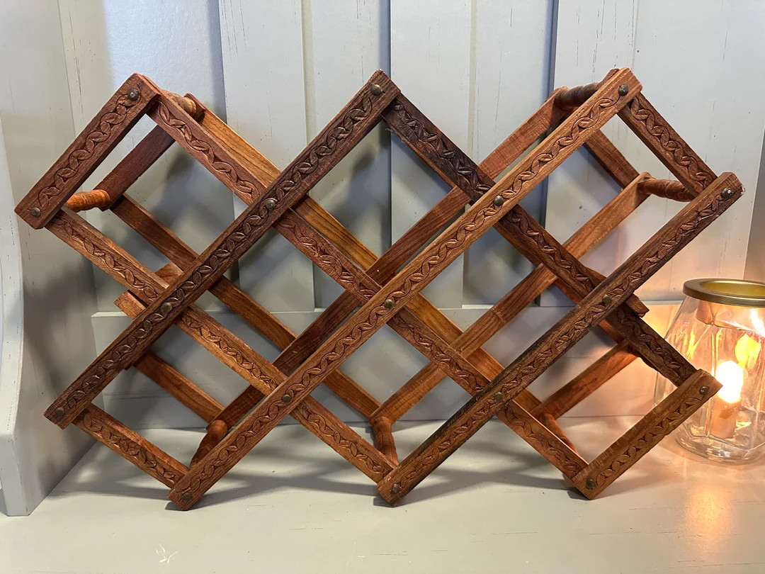 Vintage Hand Carved Foldable Wood Wine Rack - Etsy | Etsy (US)