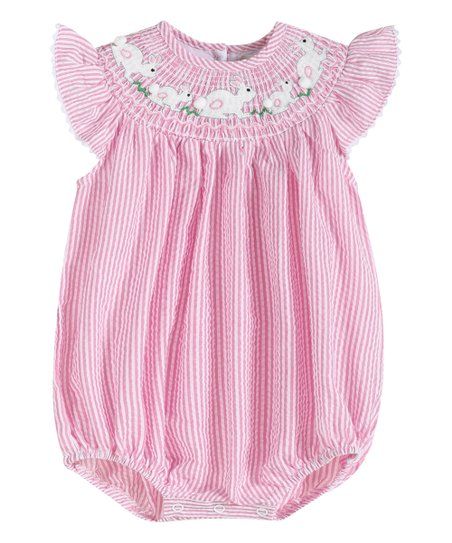 Pink Seersucker Bunnies Smocked Angel-Sleeve Bubble Bodysuit - Infant & Toddler | Zulily