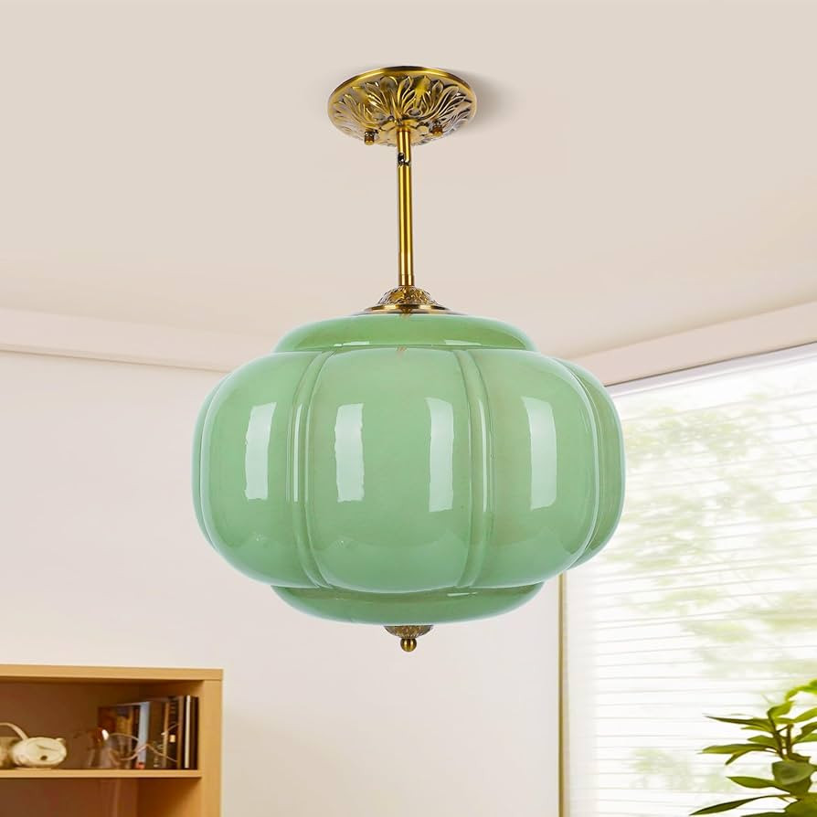 15in Green Milk Glass Ceiling Light Fixture, LED Bulb Included, Vintage Semi Flush Mount Pendant ... | Amazon (US)