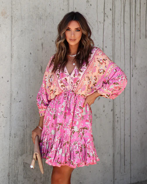 PREORDER - Skylar Floral Tassel Tie Mini Dress - Pink/Peach | VICI