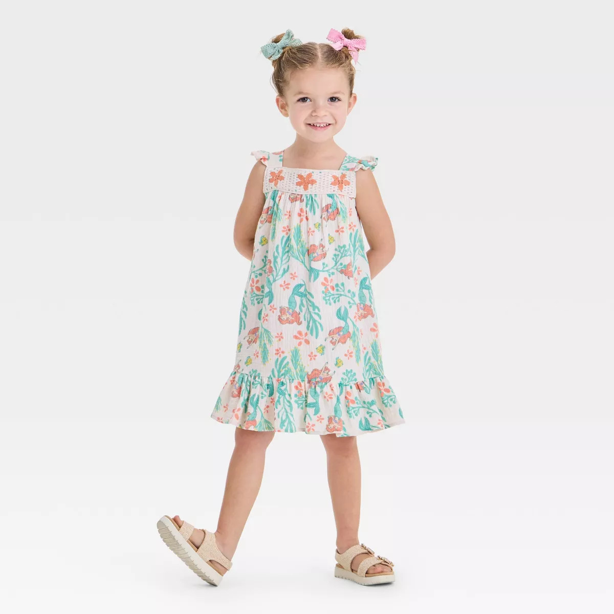Toddler Girls' Disney Ariel The Little Mermaid Printed Woven Gauze Dress - Ivory 5T | Target