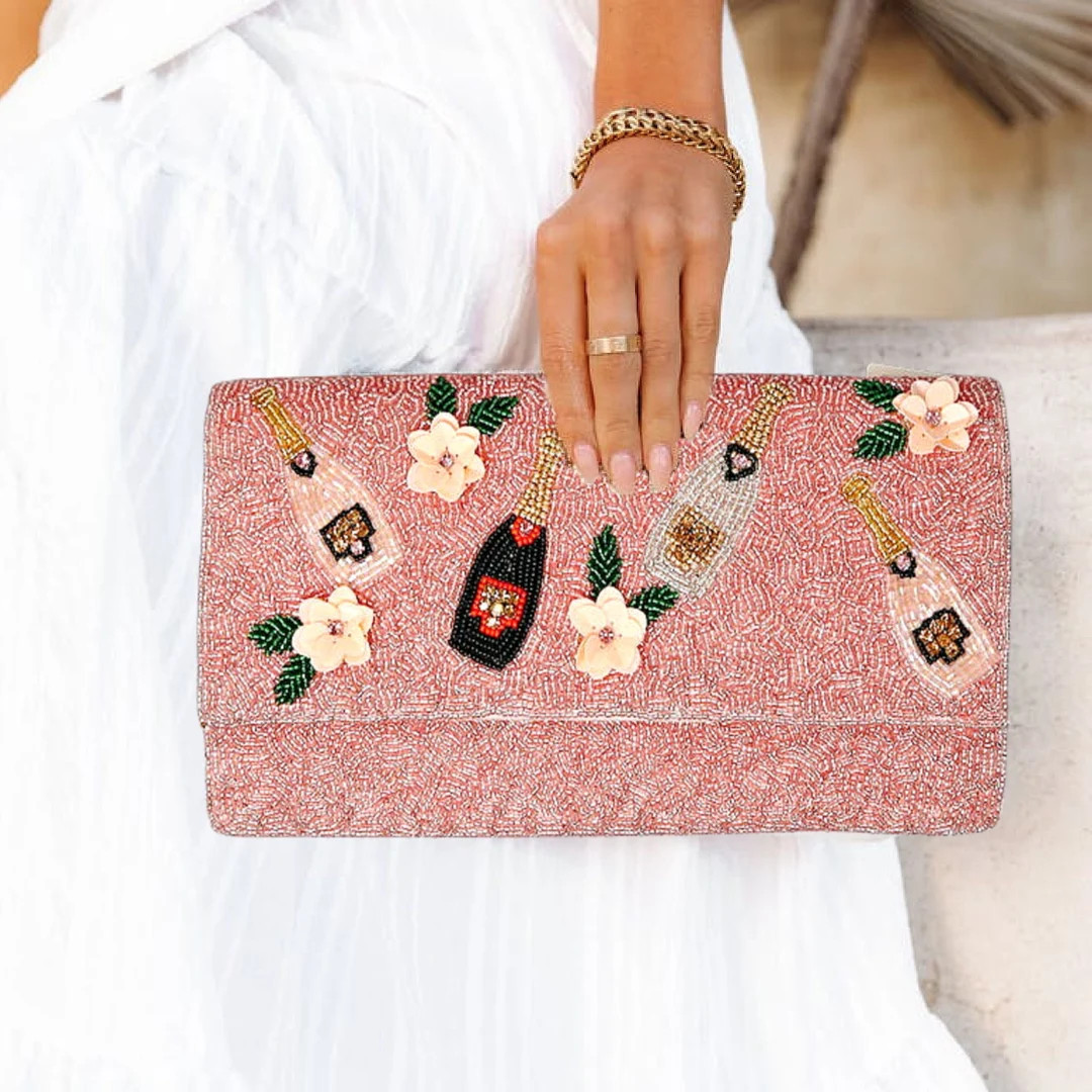 Pink White Champagne Bottle Bridal Beaded Crossbody Chain Clutch Wedding Party Handbag | Etsy (US)