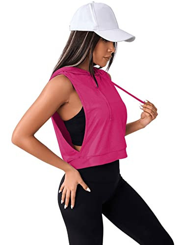 SweatyRocks Women's Sleeveless Workout Top Hooded Activewear Crop Tank Top Open Side Shirt for Athletic Exercise Running Hot Pink M | Amazon (US)