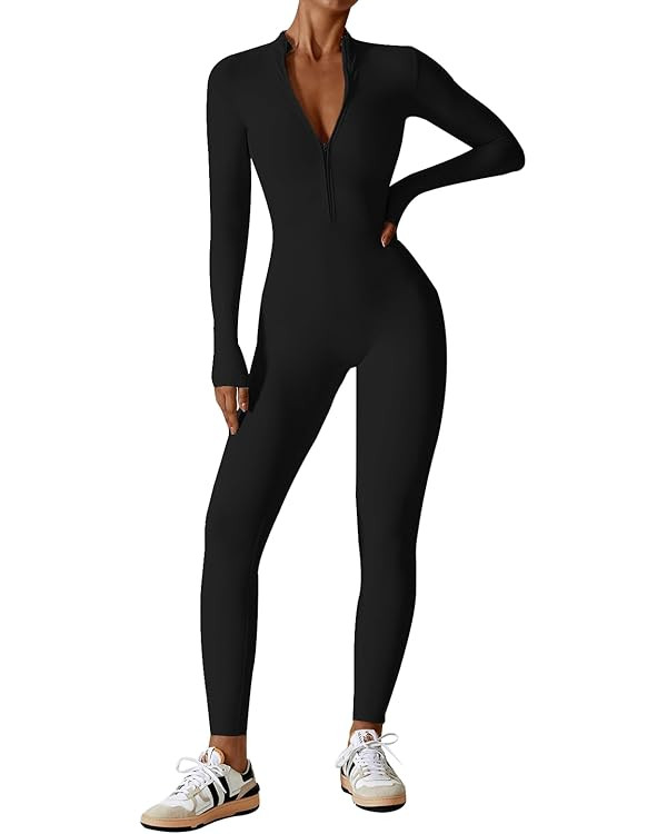 ECUPPER Women Long Sleeve Bodycon Jumpsuits Workout Zip Up Unitard One Piece Full Bodysuits Sexy ... | Amazon (US)
