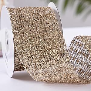 CSZD RIBBON Gold Stretchable Glitter Metallic Mesh Ribbon Wired Web Ribbon Wide 2.5" to 7" for Ch... | Amazon (US)