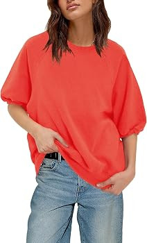 Amazon.com: Panadila Womens Oversized Short Sleeve Sweatshirts Crew Neck Puff Sleeve Tops Casual ... | Amazon (US)