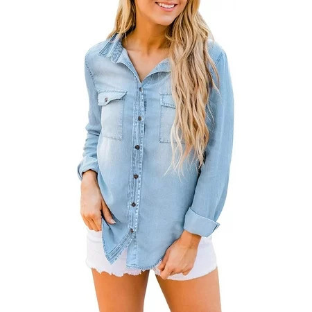 Luvamia Women Blue Jean Denim Long Sleeve Shirt Tops Blouse Size S-2XL | Walmart (US)