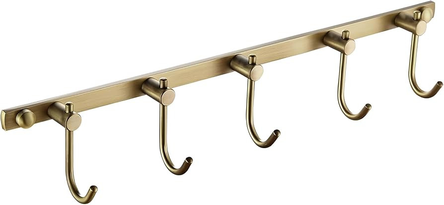 WINCASE Antique Brass Towel Hook, Brushed Brass Wall Hook Rail, 5 Hooks Antique Coat Hook Rail Ha... | Amazon (US)