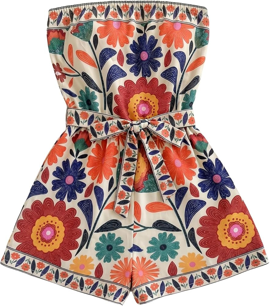 Floerns Women's Boho Floral Strapless Jumpsuit Sleeveless Vacation Short Belted Romper | Amazon (US)