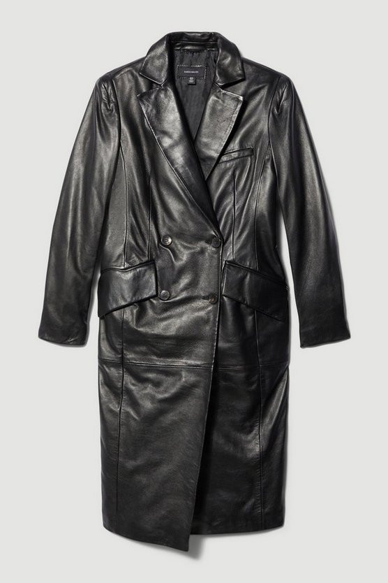 Leather Nipped Waist Tailored Midi Coat | Karen Millen US