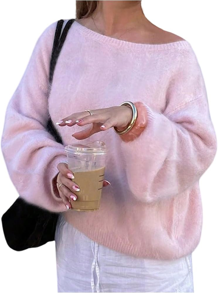 GORGLITTER Women's Fuzzy Off The Shoulder Sweaters Chunky Knit Oversized Long Sleeve Asymmetrical... | Amazon (US)