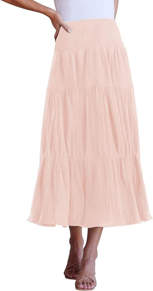 ZESICA Women's Casual High Elastic Waist Solid Color Ruffle A Line Swing Midi Skirt | Amazon (US)
