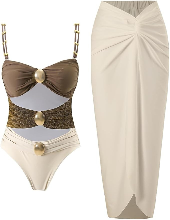 Women's One Piece Swimsuit with Cover up Set Beach Wrap Skirt Retro Bikini Set Two Piece Bathing ... | Amazon (US)