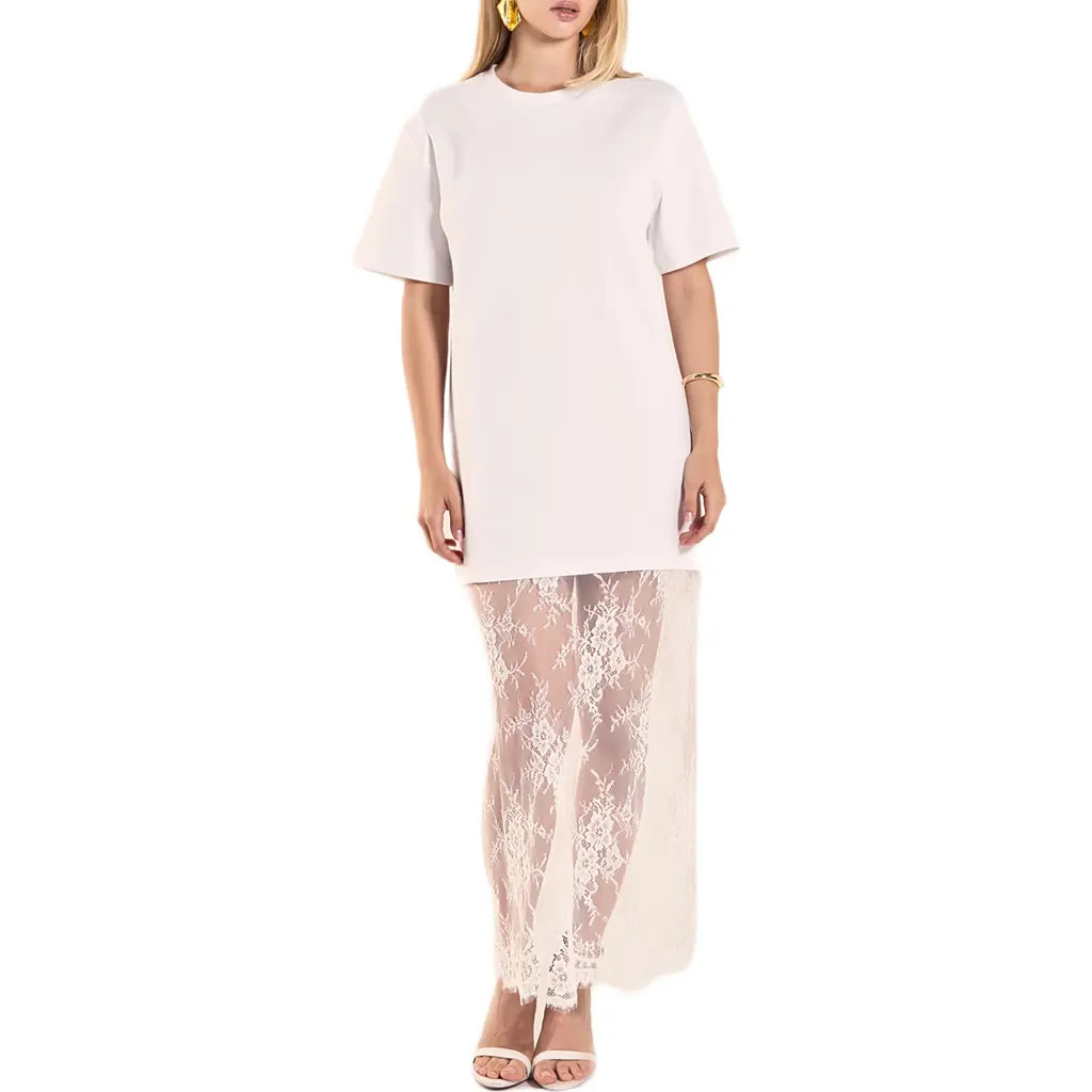 Endless Rose Mixed Media Cotton Knit & Lace T-Shirt Dress in White at Nordstrom, Size Medium | Nordstrom
