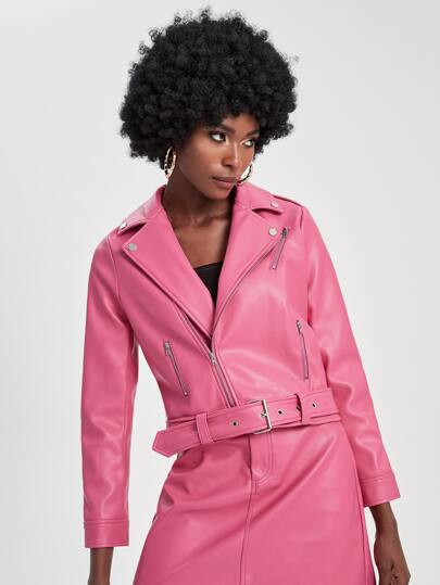 SHEIN X Elia De Leon Lapel Neck Belted PU Leather Moto Jacket SKU: sw2205065834826542(5 Reviews)T... | SHEIN